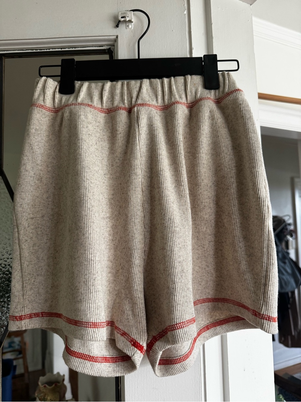 BASERANGE ~ High-Waist Ribbed Knit Women's Shorts in Cream with Red Trim